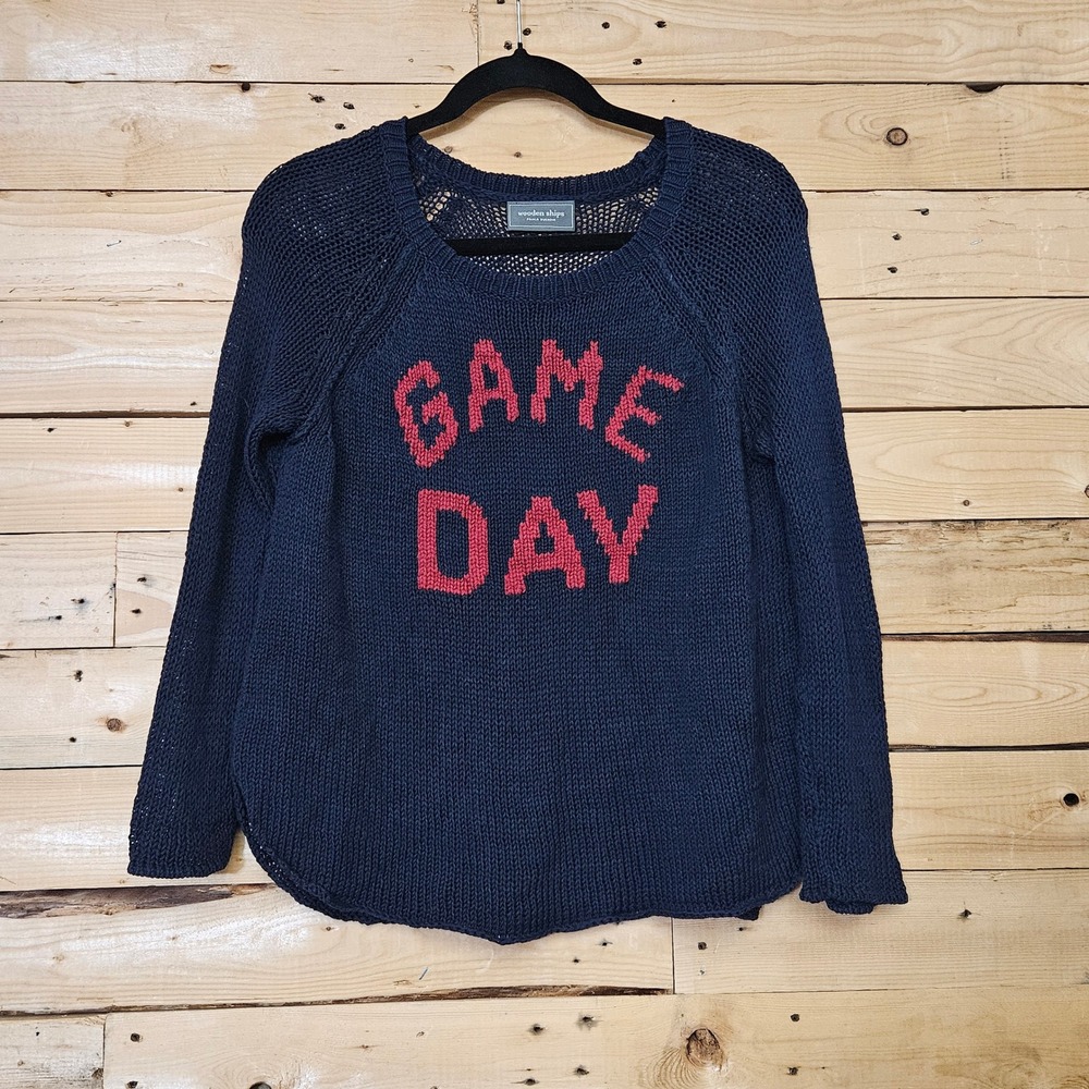 Wooden Ships Game Day Navy Blue Red Knit Graphic Sweater XS/S Paola Buendia